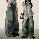 Andy Knee Damage Cutting Deep Washed Denim Wide Pants