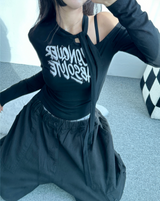 スカーフポイントシャーリングセミクロップレタリングロングスリーブ T🖤💙🤍🤎 - 4 カラーズ