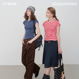 Riverstone Plus  ウィメンズ ヘンリーネック ストライプ Tシャツ スリムフィット ショートスリーブ