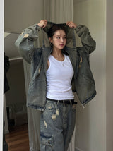 Damage Two Way Denim Hooded Jacket