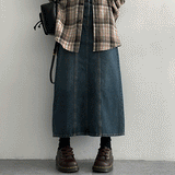 [S~2XL]リビングビンテージインシジョンデニムロングスカート