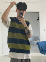 Stripe round neck knit vest 2C