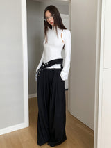 half-turtleneck shoulder slit ribbed long-sleeved T-shirt