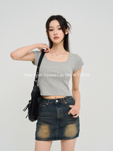 [U-BASIC] Poke Span Square Cap Sleeve T-Shirt