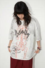 スケルトンレースプリントロールヘム半袖Tシャツ-white