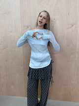 ライトブルーフェイクツーピースニット長袖Tシャツ