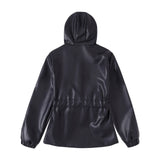 Waist Drawstring Leather Hood Jacket