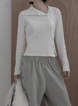 Sailor Collar Unbalanced Button Ribbed T-Shirt
