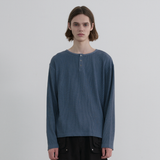 Layered Loose Waffle Henley Neck Long Sleeve Tee - FADE NAVY