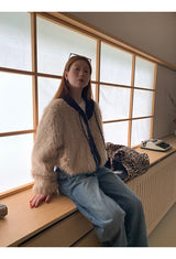 Eyes Hooded Layered Fur Zip-Up Jacket