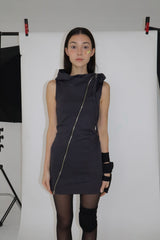 HIGHNECK DRAPE HOOD ZIPUP DRESS