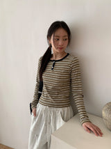 Mibat Stripe Henley Neck Long Sleeve Tee