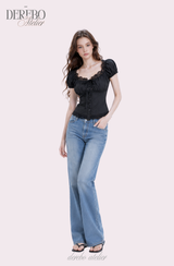 Black lace square short-sleeve blouse