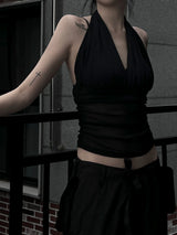 halterneck mesh shirring top