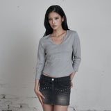 C 90S LINE SLIT NECK T-SHIRT_GREY