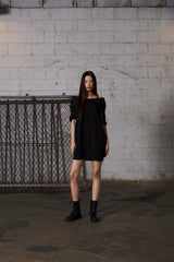 2Way Big Hood Off-Shoulder Mini Dress - Black