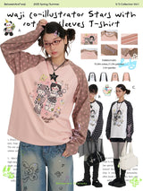BETWEENAND spring waji joint illustration printing star raglan sleeves long sleeve shirt loose round neck T-shirt