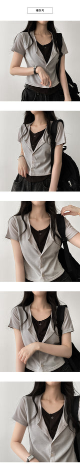 Erkin Spandex V-neck Color Layered Button Cardigan Short Sleeve T-shirt