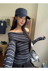ストライプ スリム オフショルダー 長袖 ニット Tシャツ