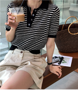 Slow Collar Striped Short Sleeve Knit / 5 Colors