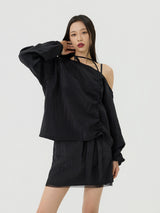 One-shoulder Blanc Ribbon Shirring Detail Top, Black