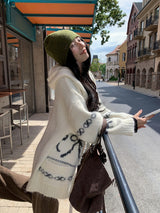 Bow Wide Hooded Knitwear Zip-Up Cardigan