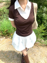 Cafe Layered Pintuck Shirt Brown Short Sleeve Tee (Brown)