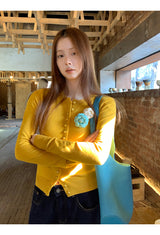 Flower Broach Yellow Round Cardigan