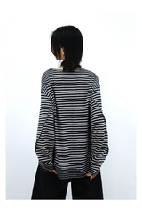 RELABEL (Vision) Lightweight, velvety-textured striped patchwork long-sleeved T-shirt with a wet-look finish, studded details and a scoop neck