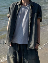 Western washed denim short-sleeve shirt