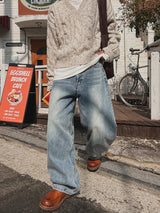Shell washing wide balloon denim pants