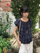 Ame Check Off-Shoulder Frill Short Sleeve Blouse