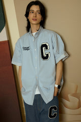 ネイビーCパッチライトブルーデニムショートスリーブシャツ [Unisex]