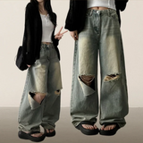 Andy Knee Damage Cutting Deep Washed Denim Wide Pants