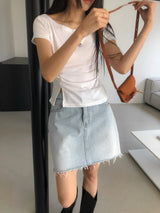 ビネンウィメンズボートネックシャードスリット半袖Tシャツ
