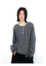 RELABEL (Vision) Lightweight, velvety-textured striped patchwork long-sleeved T-shirt with a wet-look finish, studded details and a scoop neck