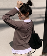 Round collar striped frill T-shirt
