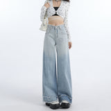 グラディエントブルーローエッジワイドレッグデニムパンツ