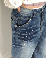 ボアスタッドアイレットポケットワイドフィットウォッシュデニムロングパンツ