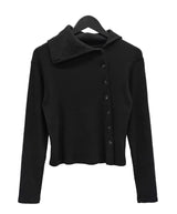 Sailor Collar Unbalanced Button Ribbed T-Shirt