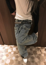 DOUBLE WAIST LOW WIDE DENIM PT