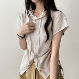 Shirin stripe side string short sleeve hooded blouse cardigan