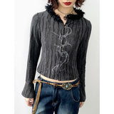 Printed deadwood print fur-collared cardigan