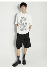 ぼかしバラプリントルーズピュアホワイト半袖Tシャツ(UNISEX)