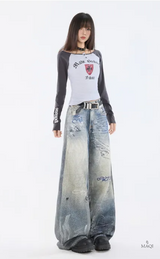 Hand-Painted Distressed High-Waisted Wide-Leg Jeans