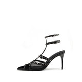 Colorful Bridge丨Net Yarn Rivet Spliced High Heels with Ankle Strap and Thin Pointed Toe for Women