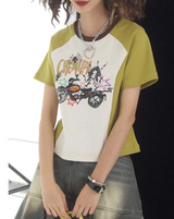 プリントショートスリーブラグランラウンドネックTシャツ