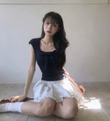 [♡MADE♡] blit ribbon top + cotton if frill sk set