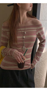 burgundy striped off-shoulder long-sleeve t-shirt