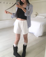 モムストライプバートンレースコットンショートパンツ
